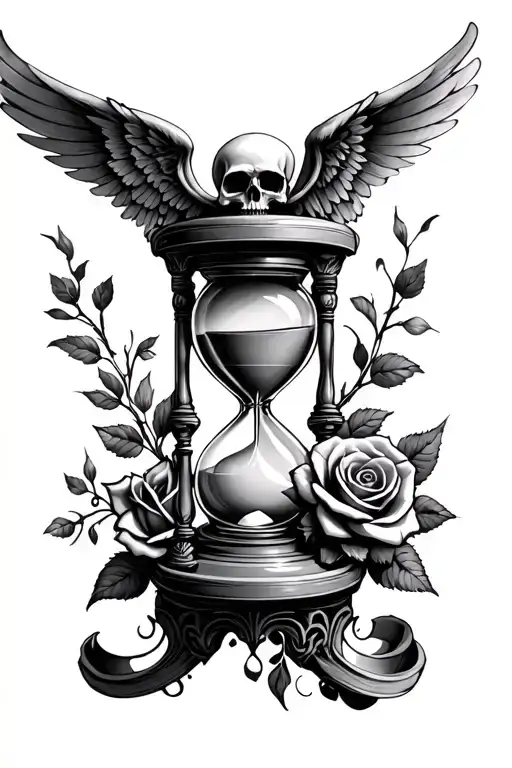 tempus fight Memento Mori, Memento Vivere, hourglass with skull, wings and rose tattoo design idea