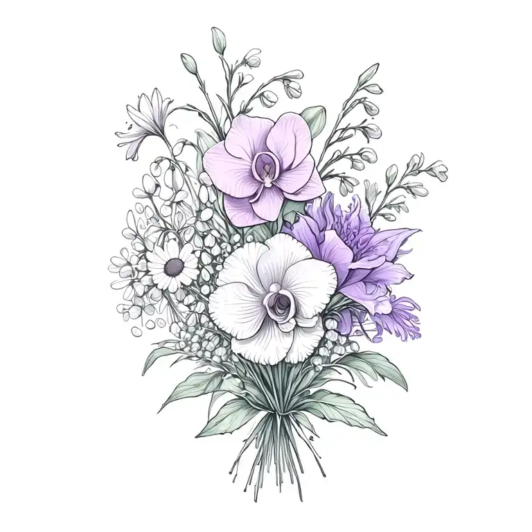 boquet including orchid, rose, daisy, indian paintbrush, lily of the valley, lilac, daffodil,carnation,snow drop flowers tattoo design idea