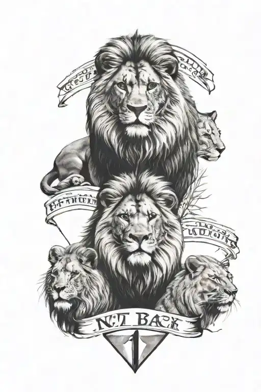 3 small lions, a small dimond in the middle, the text 777, the text no way back tattoo design idea