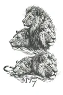 3 small lions, a small dimond in the middle, the text 777, the text no way back tattoo design idea