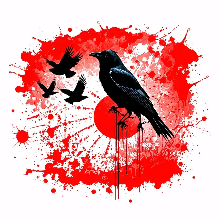 small crow silhouettes from left shoulder flying down the back flying across a single red Japanese sun tattoo design idea