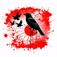 small crow silhouettes from left shoulder flying down the back flying across a single red Japanese sun tattoo design idea