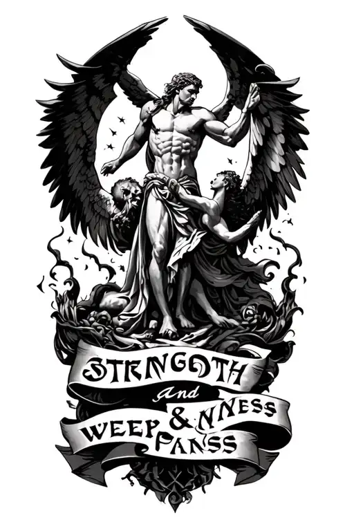 "Strength and weakness" Archangel Michael defeating tattoo design idea