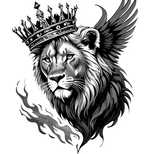lioness wearing a crown half phoenix rising from the ashes tattoo design idea