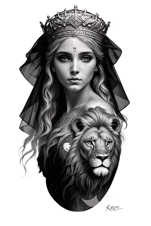 black & grey realism greek goddess leto with light color hair, wearing crown with veil, a lion and moon tattoo design idea