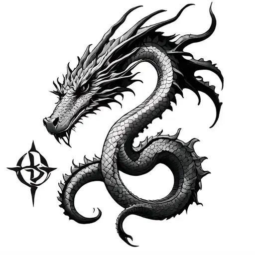 LONG AGGRESSIVE SEA-DRAGON WITH SNAKE-LIKE SCALES AND THE LEVIATHAN SYMBOL, DESIGNED FOR A ARM TATTOO tattoo design idea