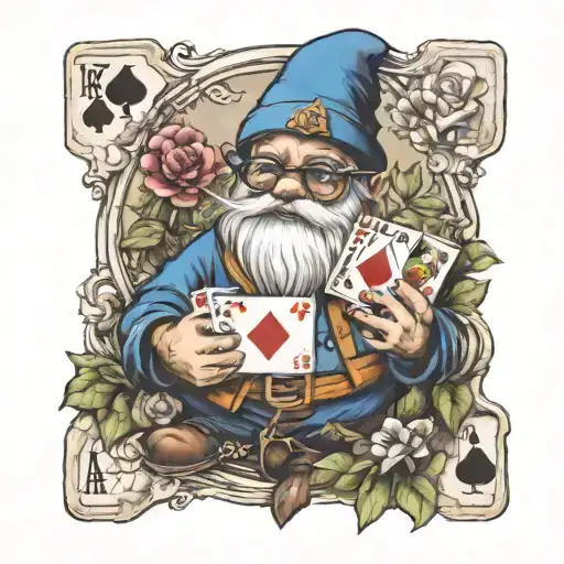 a garden gnome with glases holding cards tattoo design idea