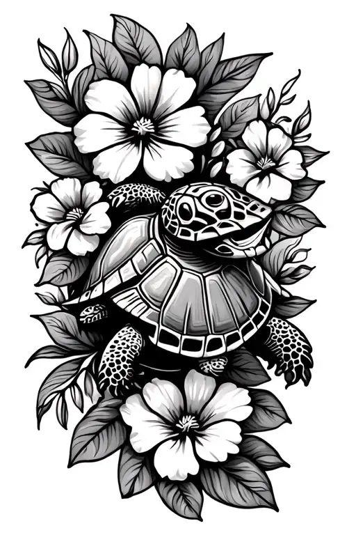 Hawaiian tribal design with flowers and turtle tattoo design idea