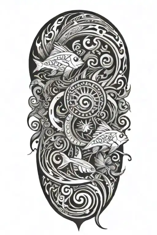A black-grey tribal design incorporating elements of the ocean, sun, and Pisces symbol tattoo design idea