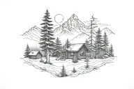 Mountain Scene pine trees cabin snowy tattoo design idea