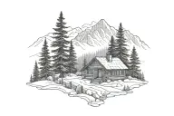 Mountain Scene pine trees cabin snowy tattoo design idea