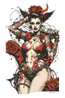 Sexy Pale Devil, petite, big boobs, wide hips, G-String, Seductive smile. Full Body tattoo design idea