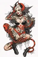 Sexy Pale Devil, petite, big boobs, wide hips, G-String, Seductive smile. Full Body tattoo design idea