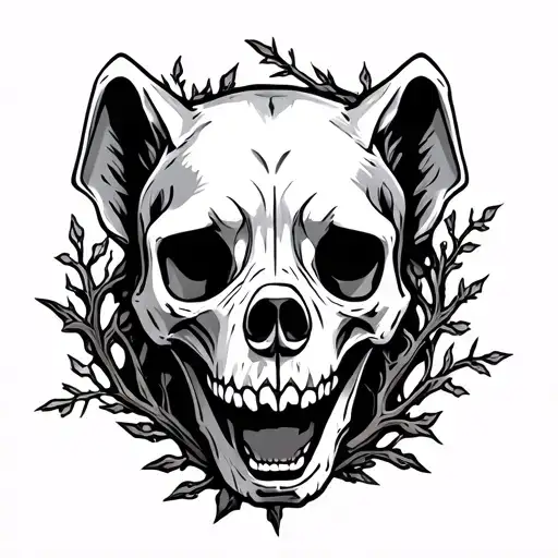 A canine skull with vines and branches around it tattoo design idea