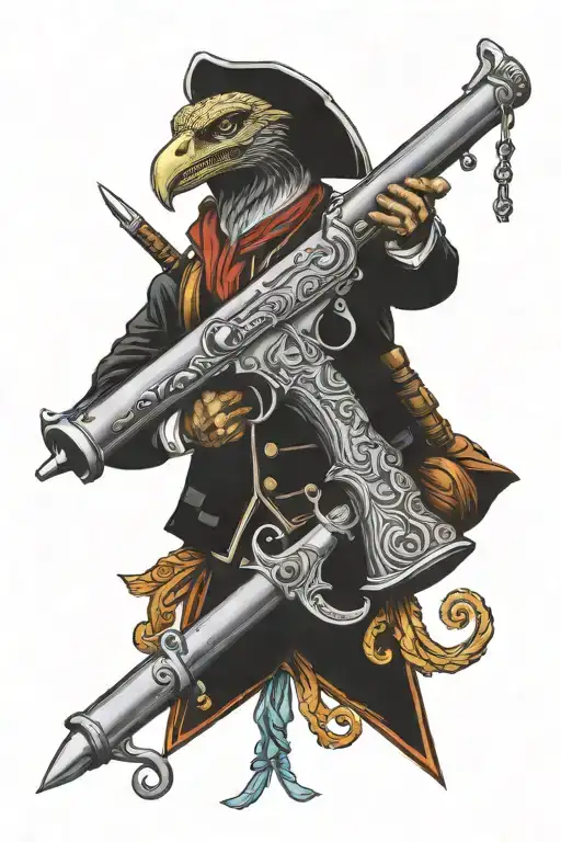 Flintlock pistol and cutlass in X position with a Moray coiled around them tattoo design idea