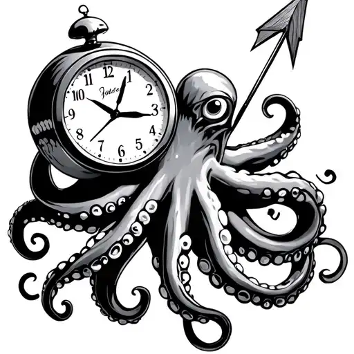 octopus wrapping a digital clock timed 10:27 and an arrow tattoo design idea