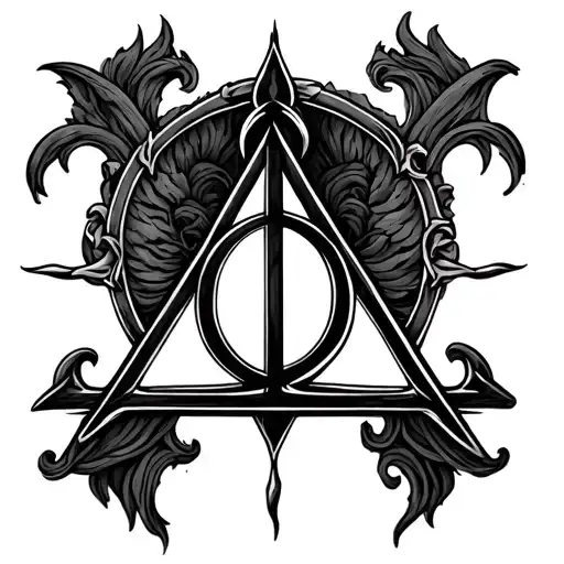 in fine line, create a small tattoo with the three deathly hallows from harry potter tattoo design idea
