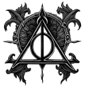 in fine line, create a small tattoo with the three deathly hallows from harry potter tattoo design idea