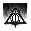 in fine line, create a small tattoo with the three deathly hallows from harry potter tattoo design idea