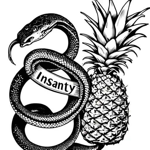 snake coiled around a pineapple with the word 'insanity' on the pineapple. black ink with shading. detailed. tribal tattoo design idea