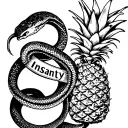 snake coiled around a pineapple with the word 'insanity' on the pineapple. black ink with shading. detailed. tribal tattoo design idea