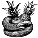 snake coiled around a pineapple with the word 'insanity' on the pineapple. black ink with shading. detailed. tribal tattoo design idea