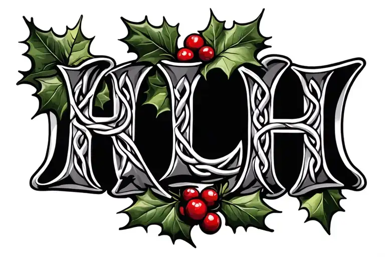 "HLH" in Celtic font, with Holly leaf with berries tattoo design idea