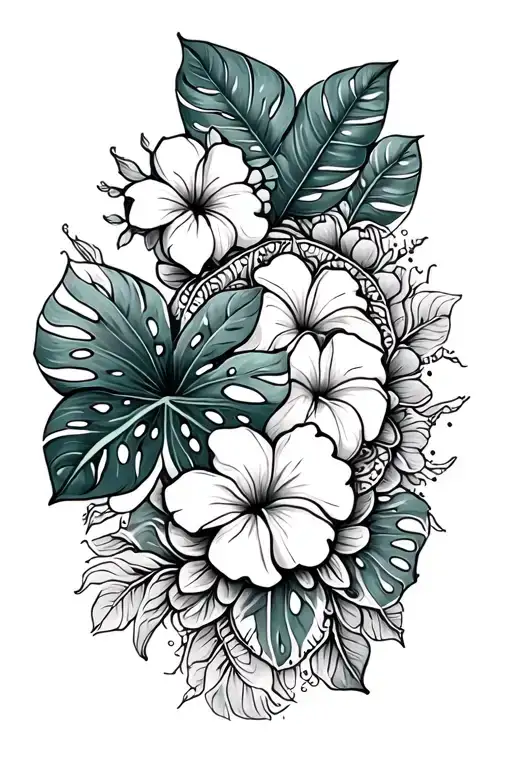 mandala style tattoo with tropical flowers and monstera  tattoo design idea