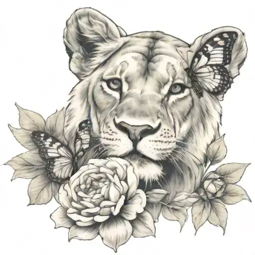 lioness surrounded peony flowers and 2 cubs with a butterfly tattoo design idea