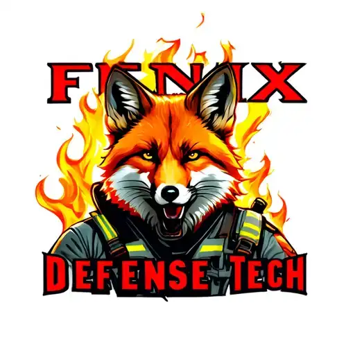"Fenix Defense Tech" Fox wearing firefighter gear, surrounded by flames tattoo design idea