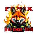 "Fenix Defense Tech" Fox wearing firefighter gear, surrounded by flames tattoo design idea