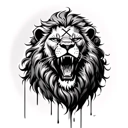 aslan the lion with cross in his eyes and blood dropping from canines and roaring tattoo design idea