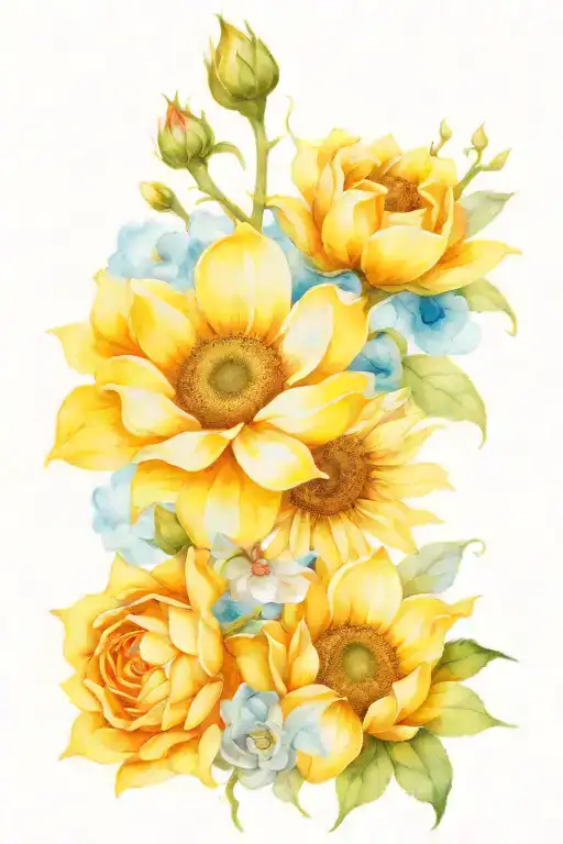 blue roses, cherry blossom and sunflowers tattoo design idea