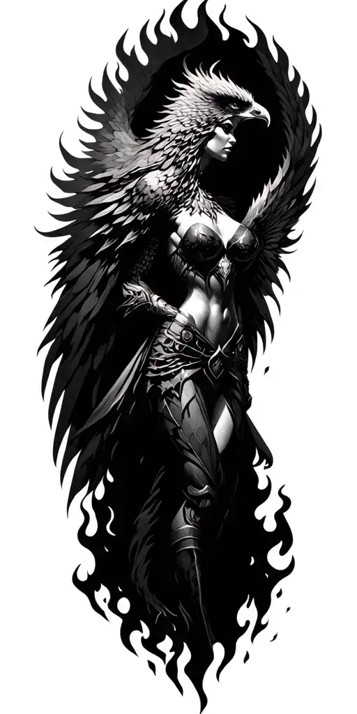 phoenix, flames, valkyrie warrior woman, reborn, i am the storm written beneath pile of ashes tattoo design idea
