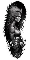 phoenix, flames, valkyrie warrior woman, reborn, i am the storm written beneath pile of ashes tattoo design idea