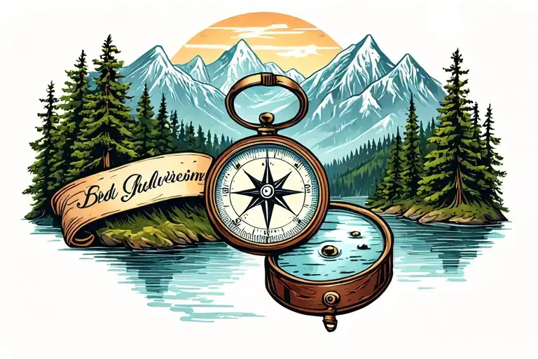 explorer theme sleeve with old compass, mountains, forest and lake tattoo design idea
