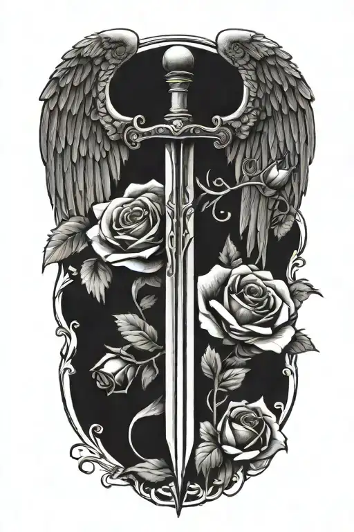 angel wings behind sword, roses tattoo design idea
