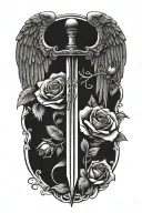 angel wings behind sword, roses tattoo design idea