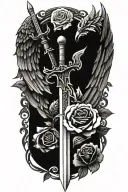 angel wings behind sword, roses tattoo design idea