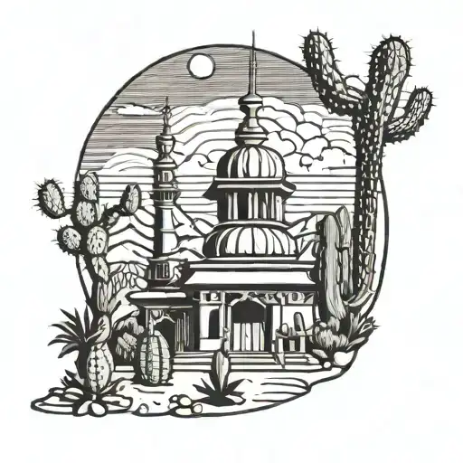 A funky desert scene with cacti playing blues instruments under a pagoda temple tattoo design idea