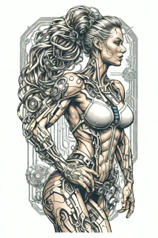 bodybuilder muscular women with technology circuits merging tattoo design idea