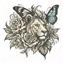 lion head with rose, butterfly, dragonfly tattoo design idea
