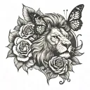 lion head with rose, butterfly, dragonfly tattoo design idea