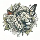 lion head with rose, butterfly, dragonfly tattoo design idea
