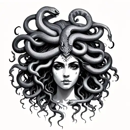 Black ethnic medusa woman face with snakes for hair  tattoo design idea