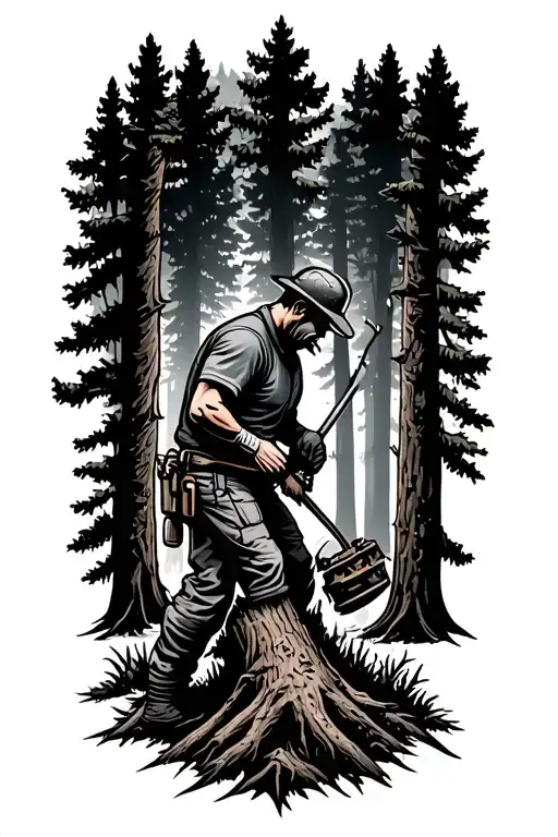 A unique design featuring a tree surgeon cutting down a tree in a stylized black and grey forest setting tattoo design idea