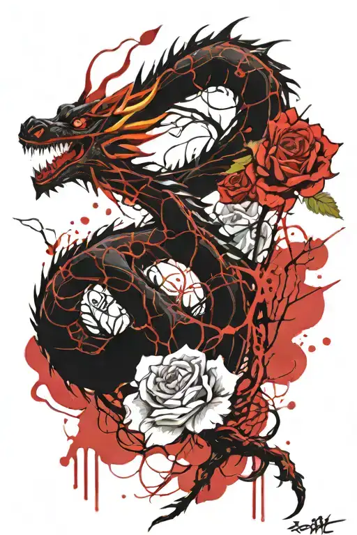 yellow red tipped rose and cherry blossom dragon  tattoo design idea