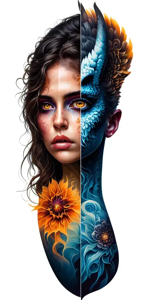half demon half angel woman's face morphing tattoo design idea