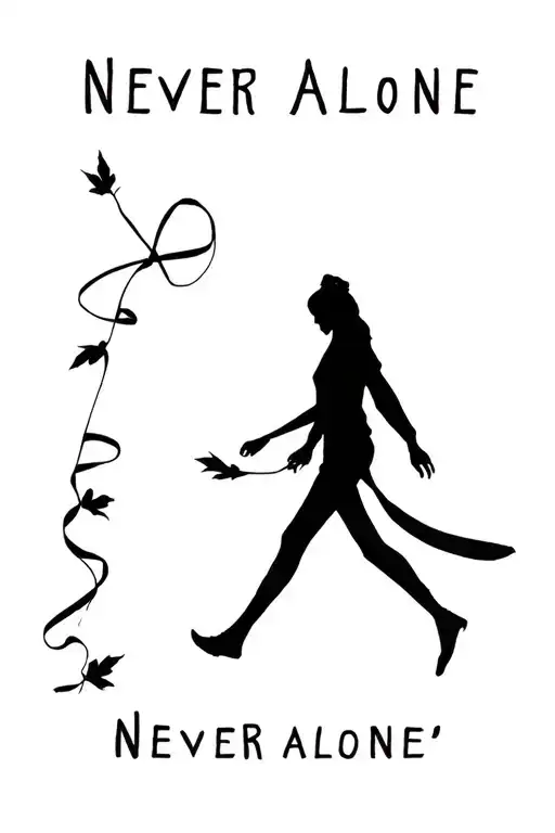 "NEVER ALONE" silhouette of a person walking with a ribbon overtop tattoo design idea