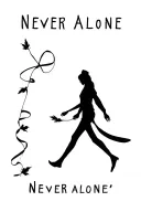 "NEVER ALONE" silhouette of a person walking with a ribbon overtop tattoo design idea